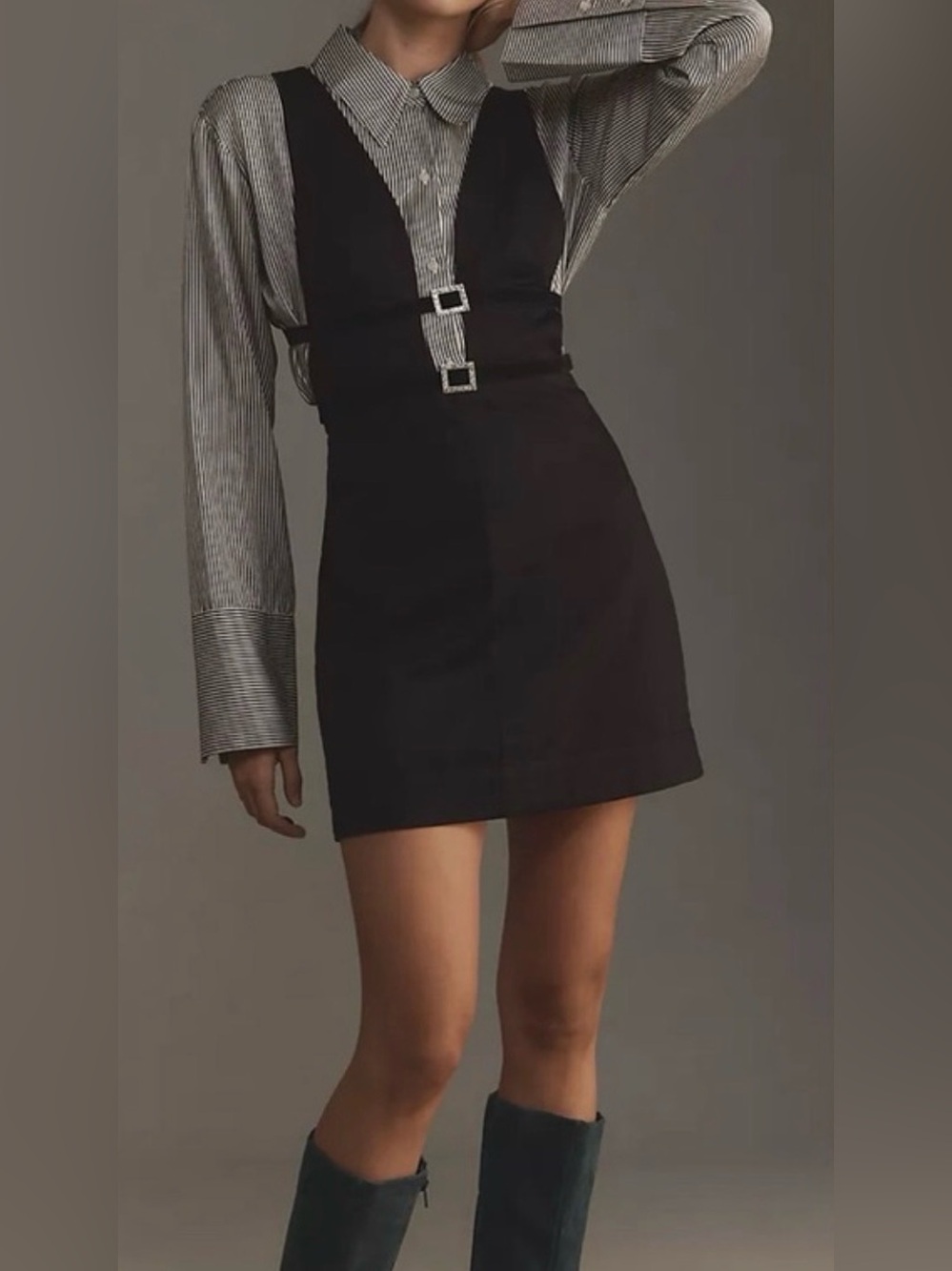 Maeve Anthropologie Glam Buckle Pinafore black mini dress 6